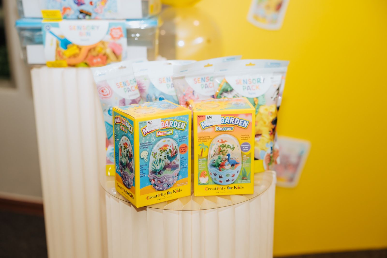 Gift-set display: mini gardens and sensory packs